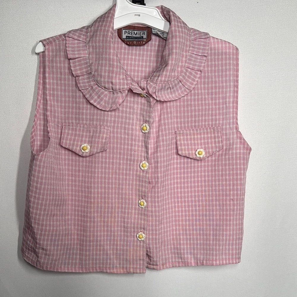 💜3/$15 Premier International Pink White Plaid Kids Sleeveless Shirt